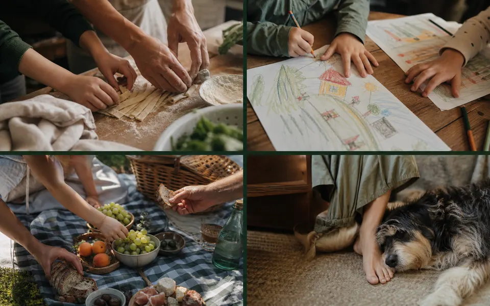 Momenti di famiglia: pasta fatta in casa, disegni dei bambini, un picnic e il cane sul tappeto
