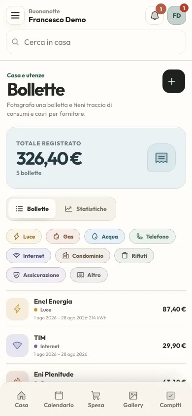 La sezione Bollette sul telefono