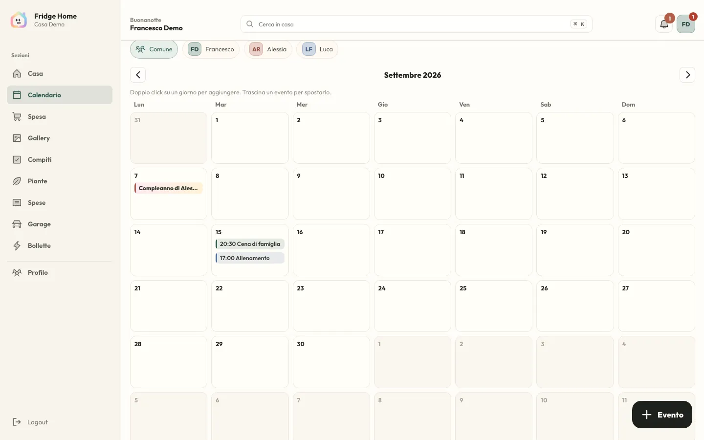 Il calendario condiviso di Fridge Home con gli impegni della settimana
