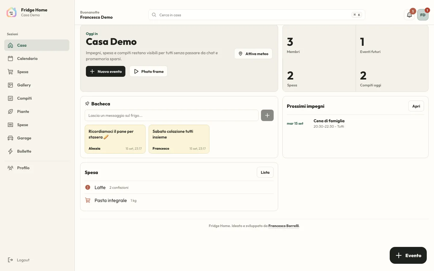 La dashboard di Fridge Home con bacheca, impegni della giornata e lista della spesa
