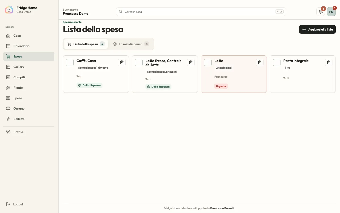La lista della spesa condivisa con prodotti urgenti e assegnati